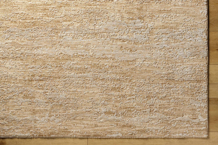 Close up of the tan Jehan Area Rug showing texture and pattern detail. Corner