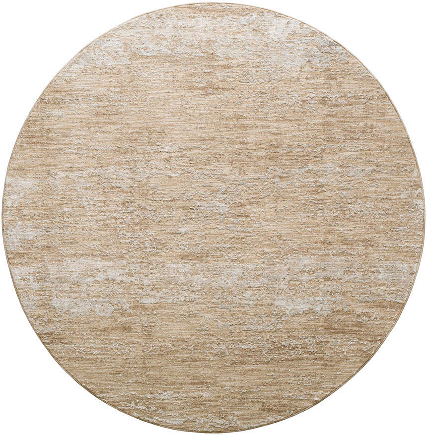 Close-up of a round Jehan Area Rug in tan, featuring a subtle distressed pattern and soft texture. Design-Round-67