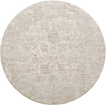 Close-up of a round Jenis Gray Luxe Rug. Light gray and natural gray tones with a subtle, textured pattern. Design-Round-53