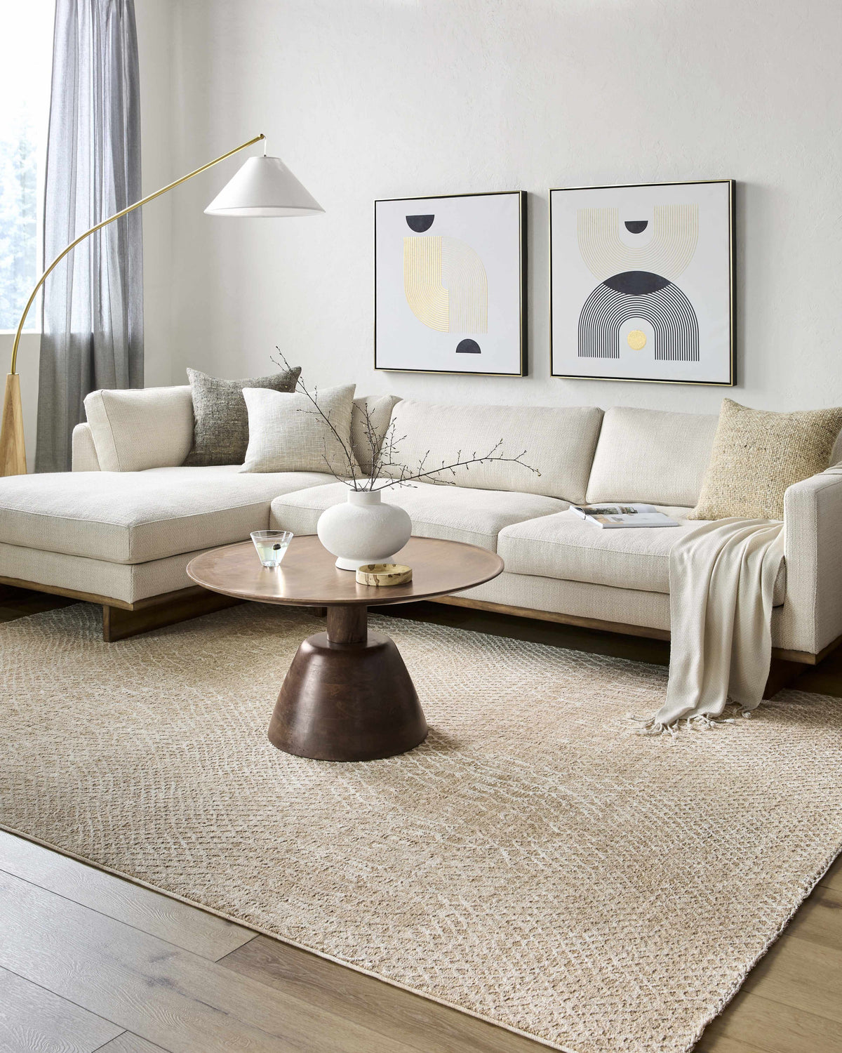 Living room scene with a tan Kamin Area Rug, sectional sofa, and modern art. Roomscene-Rectangle