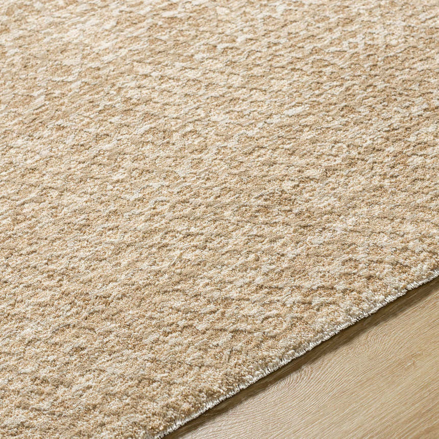 Close-up of the tan Kamin Area Rug showing its subtle pattern and soft, textured weave on a wood floor. Texture
