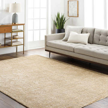 Living room scene with a tan Katia Area Rug, sofa, wood floors, and natural light. Roomscene-Rectangle