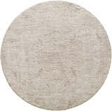 Close-up of the round Katia Area Rug in light gray and natural gray with a subtle traditional pattern. Design-Round-53