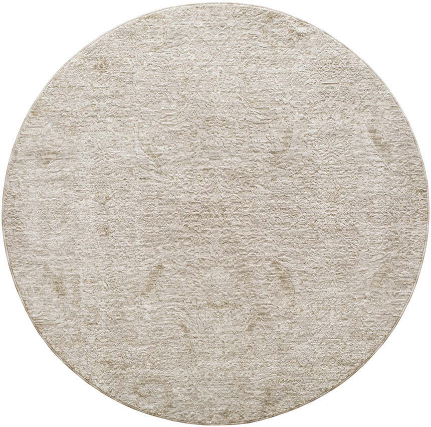 Close-up of the round Katia Area Rug in light gray and natural gray with a subtle traditional pattern. Design-Round-53