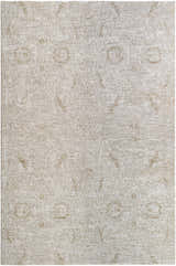 Close-up of the Katia Area Rug. Light gray and natural gray traditional pattern, machine woven polyester texture. Design-Rectangle-6796