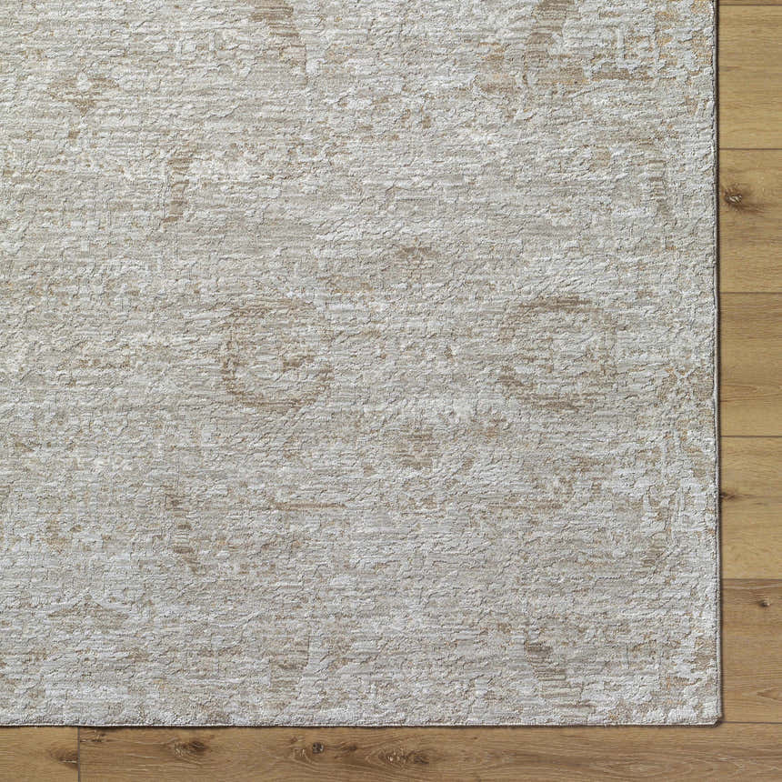 Close-up of the light gray and natural gray Katia Area Rug showing its subtle traditional pattern and soft texture. Corner
