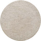 Close-up of round Kyran Area Rug, light gray and natural gray polyester with subtle traditional pattern. Design-Round-53