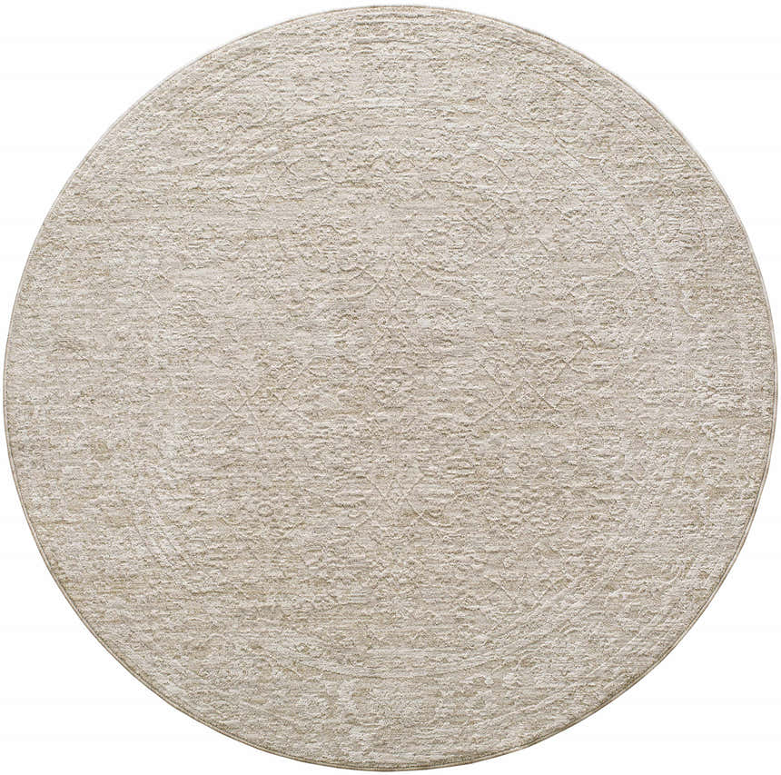 Close-up of round Kyran Area Rug, light gray and natural gray polyester with subtle traditional pattern. Design-Round-53
