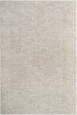 Close-up of the Kyran Area Rug, showcasing its light gray and natural gray traditional pattern and woven texture. Design-Rectangle-6796