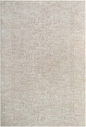Close-up of the Kyran Area Rug, showcasing its light gray and natural gray traditional pattern and woven texture. Design-Rectangle-6796