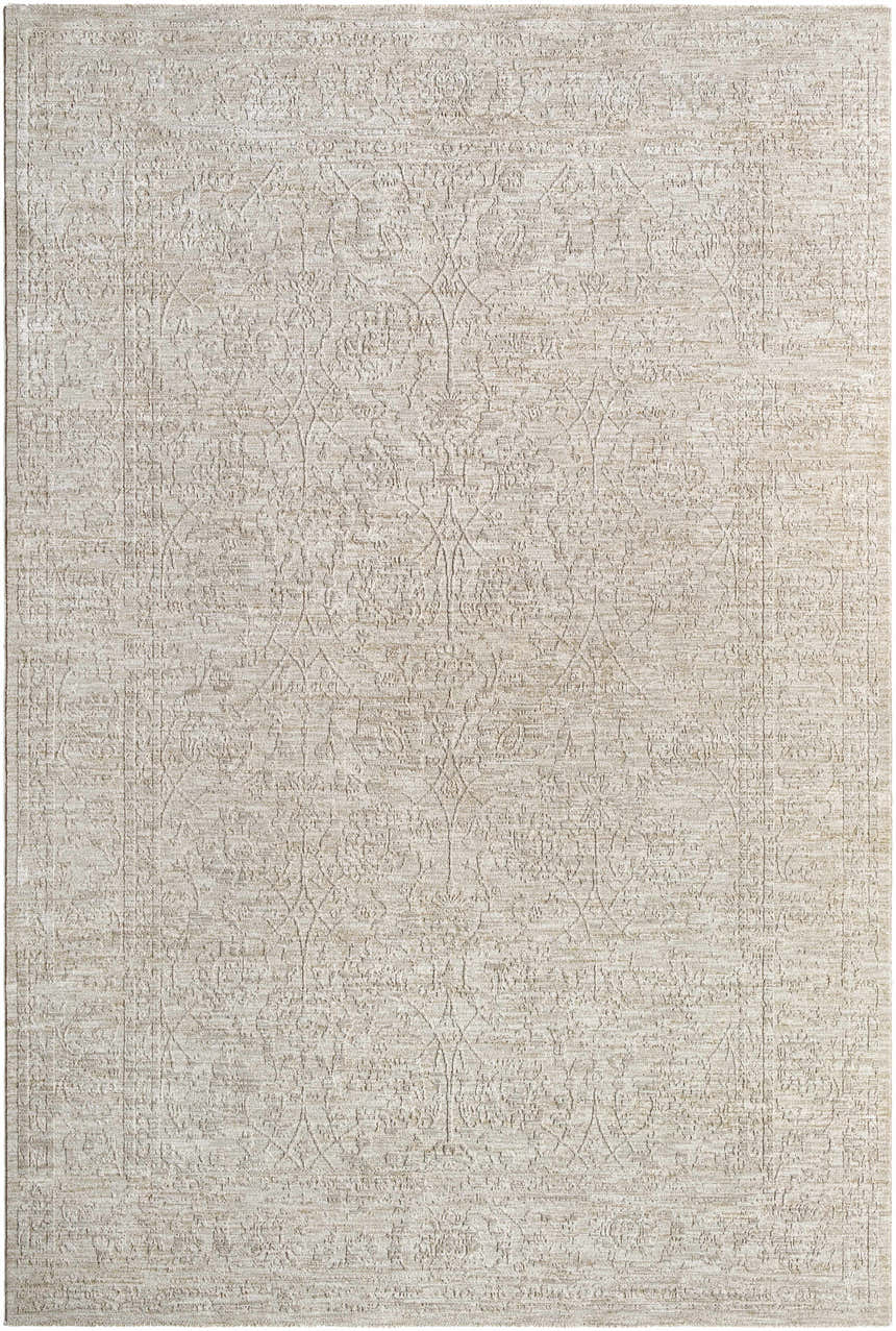 Close-up of the Kyran Area Rug, showcasing its light gray and natural gray traditional pattern and woven texture. Design-Rectangle-6796