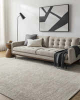 Living room with a light gray sofa and the light gray Kyran Area Rug. Roomscene-Rectangle
