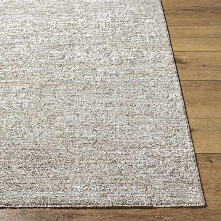 Close-up of the light gray Kyran Area Rug showing its subtle traditional pattern and soft texture on a wood floor. Front