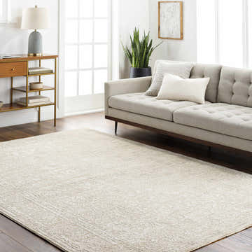 Living room with a light gray sofa and a light gray Kyran Area Rug with a traditional pattern. Roomscene-Rectangle