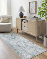 Living room scene with a Jemma Blue Medallion runner rug, light wood floors, and a console table with decor. Roomscene-Runner