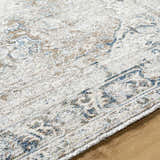 Close-up of the Jemma Brown Medallion Area Rug. Light gray rug with natural gray and blue traditional pattern. Texture