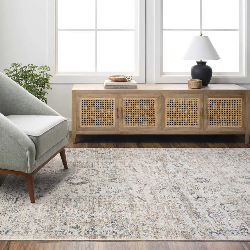 Living room scene with a beige Keran Area Rug, gray chair, wood cabinet, and natural light. Roomscene-Rectangle