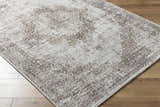 Close-up of Kosta Beige Medallion Area Rug showing farmhouse style, lambswool and light brown colors, and machine woven texture. Corner