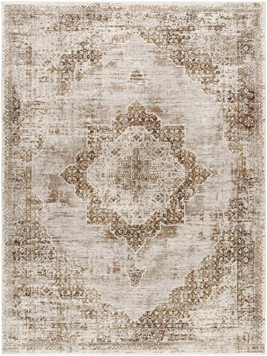 Close-up of the Kosta Beige Medallion Area Rug, featuring a traditional lambswool and light brown pattern. Design-Rectangle-710106
