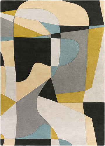 Abstract Sneedville Modern Wool Rug with beige, black, charcoal, sage, gray, and olive geometric shapes. Hand-tufted texture. Design-Rectangle-811