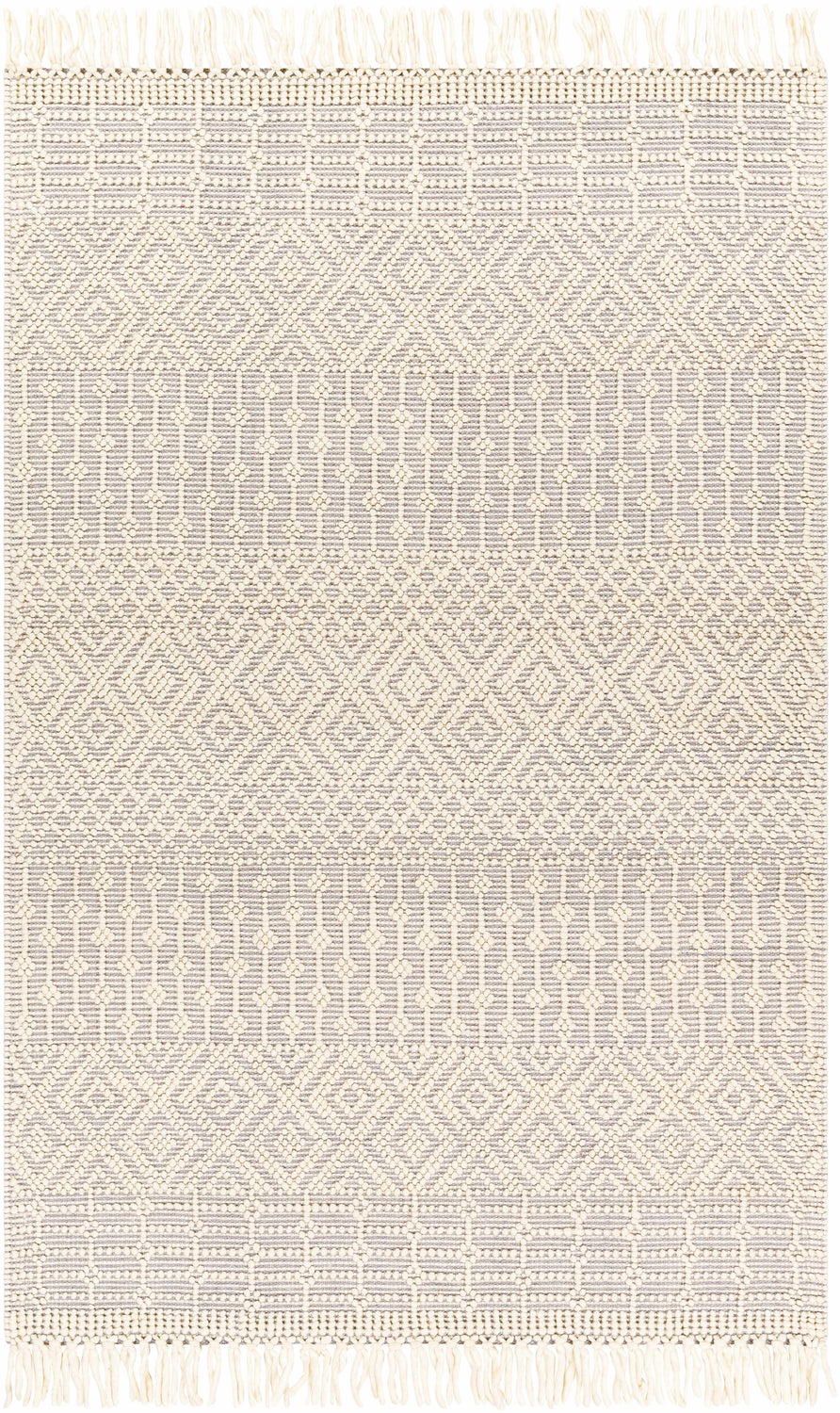 Close-up of the Sean Area Rug in gray, light peach, and white thatch with a geometric, hand-woven design and fringe. Design-Rectangle-810