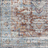 Close-up of the Azfal Area Rug showing its traditional pattern, burnt orange, sky blue, and taupe colors. Swatch