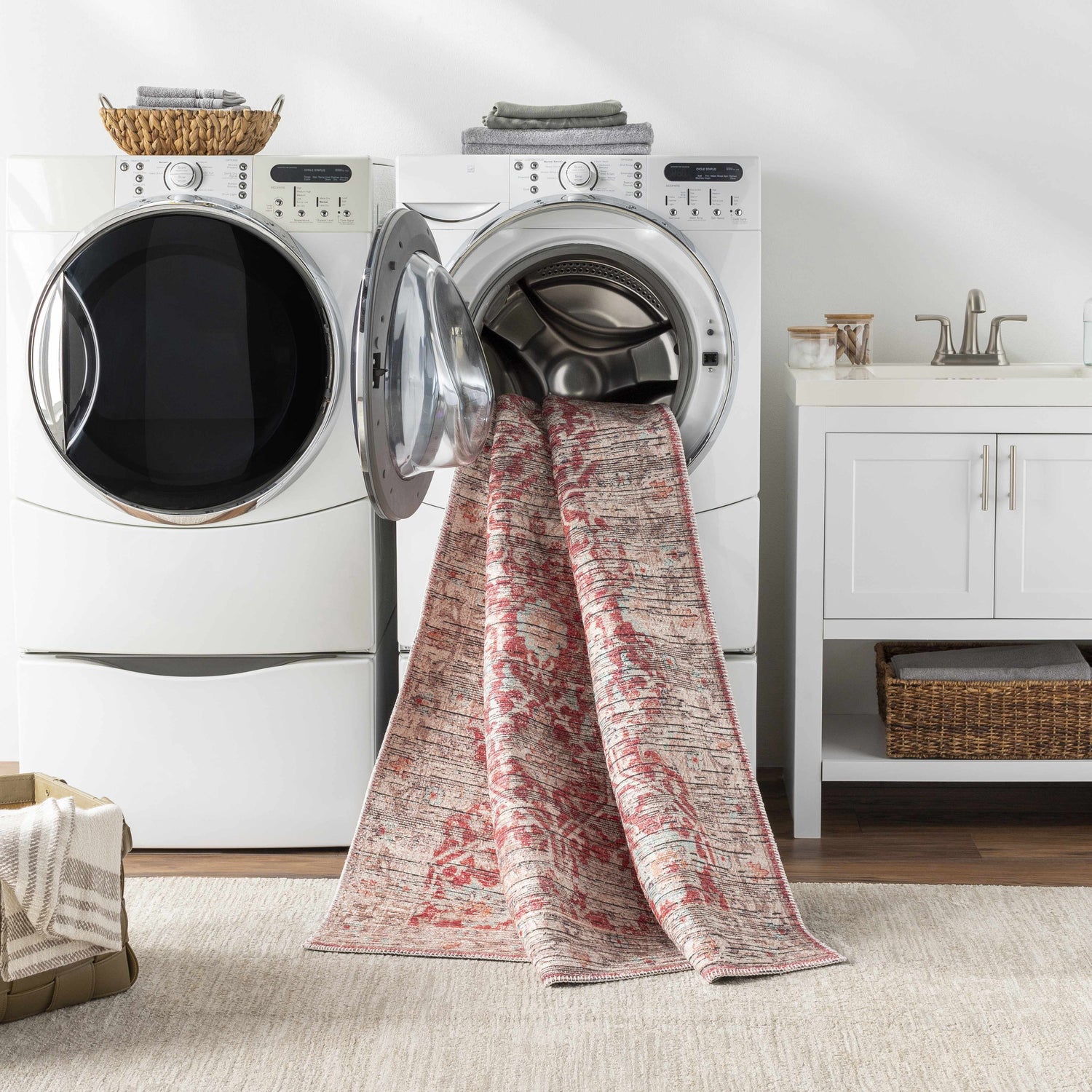 Laundry room scene with Cathy Area Rug being washed in a front load washing machine. Washing-Machine