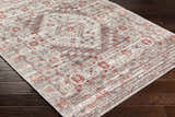 Close-up of the Liam Area Rug in Beachhouse. Traditional floral pattern in red, brown, and gray on dark wood floor. Corner