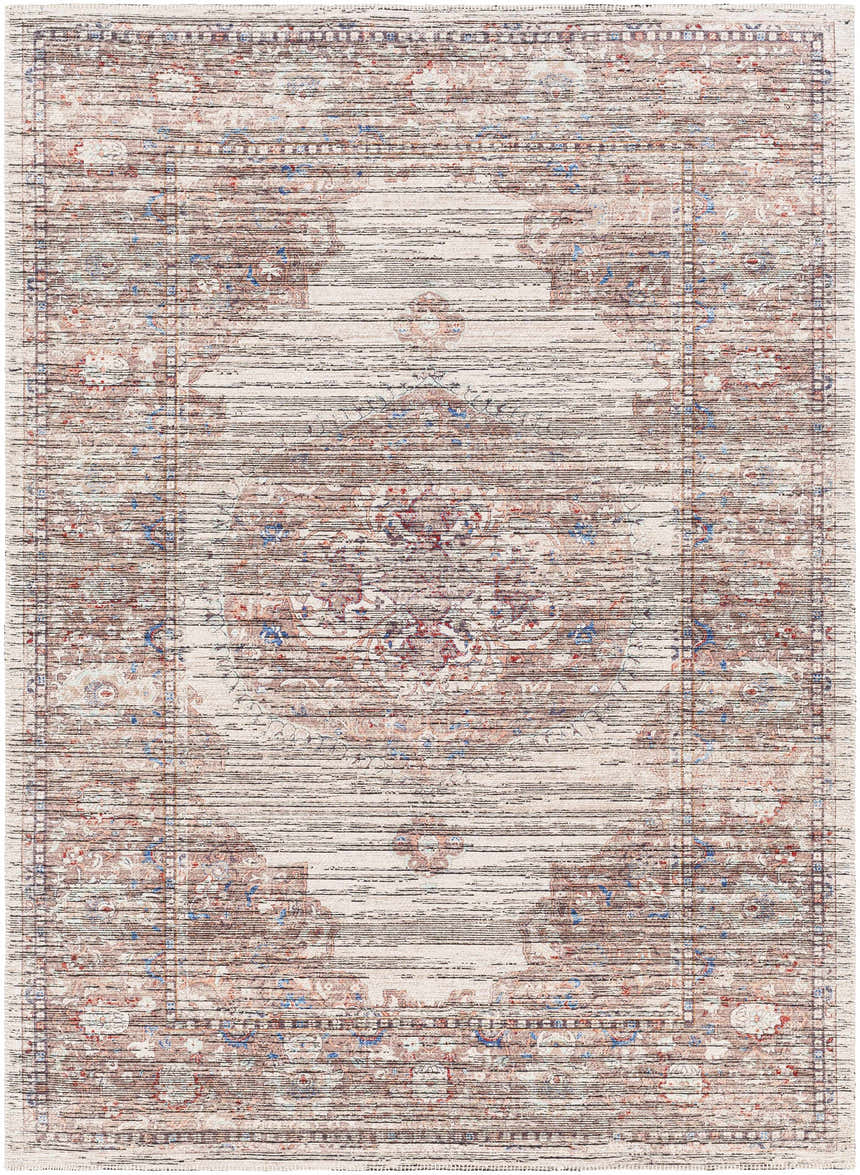 Close-up of Maja Area Rug in beachhouse color. Traditional style rug with red, brown, and blue floral accents. Design-Rectangle-57