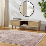 Living room scene with a Maja Area Rug in rust and blue tones under a console table. Roomscene-Rectangle