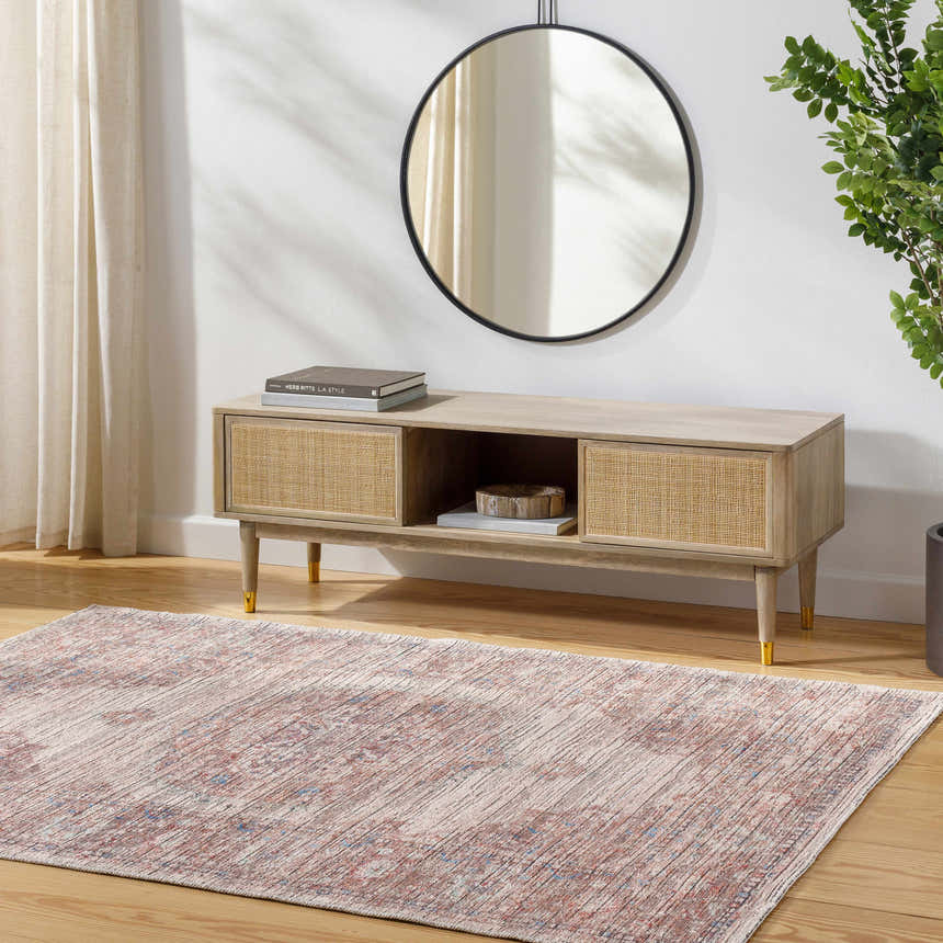 Living room scene with a Maja Area Rug in rust and blue tones under a console table. Roomscene-Rectangle