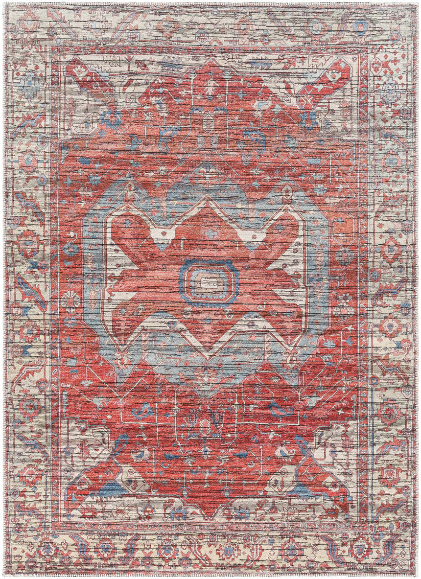 Close-up of the Saif Area Rug: a traditional, machine-woven rug in aqua, blue, burgundy, and terracotta hues. Design-Rectangle-57