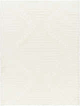 Close-up of the Edsel Off-White Area Rug, featuring a subtle geometric pattern and soft, shag texture. Design-Rectangle-537