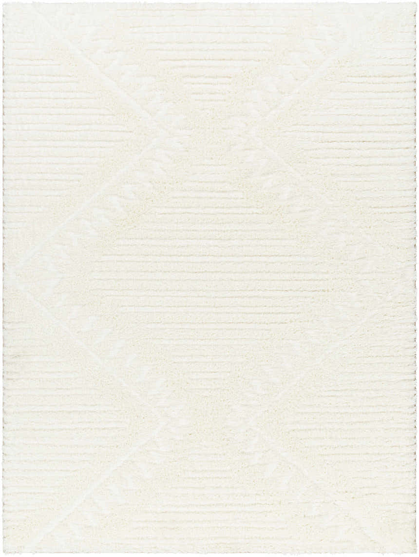 Close-up of the Edsel Off-White Area Rug, featuring a subtle geometric pattern and soft, shag texture. Design-Rectangle-537