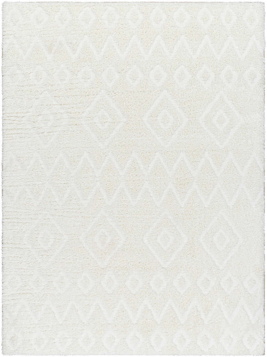 Close-up of the Hoshi Area Rug in beachhouse. Shag rug with geometric diamond and zigzag pattern. Soft, textured polyester. Design-Rectangle-537
