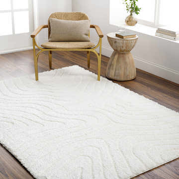 Bright room scene with a beige Kanga Area Rug, woven chair, and wood side table. Roomscene-Rectangle