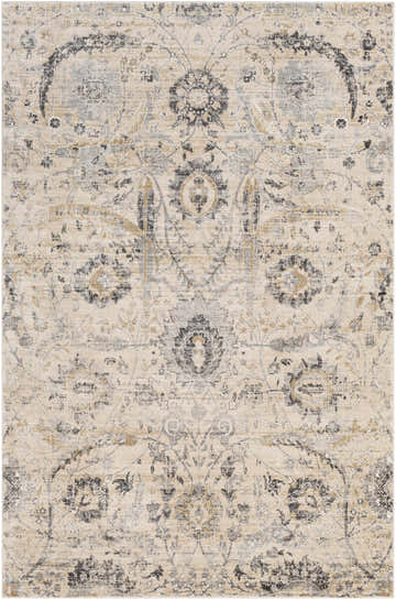 Close-up of the Georgiana Beige Area Rug featuring a traditional floral pattern in beige, black, gray, and mustard tones. Design-Rectangle-5373