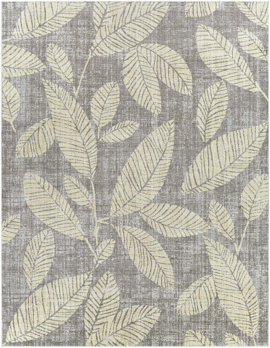 Close-up of the Snook Area Rug. Beige leaves pattern on a charcoal and gray textured background. Coastal style. Design-Rectangle-71010