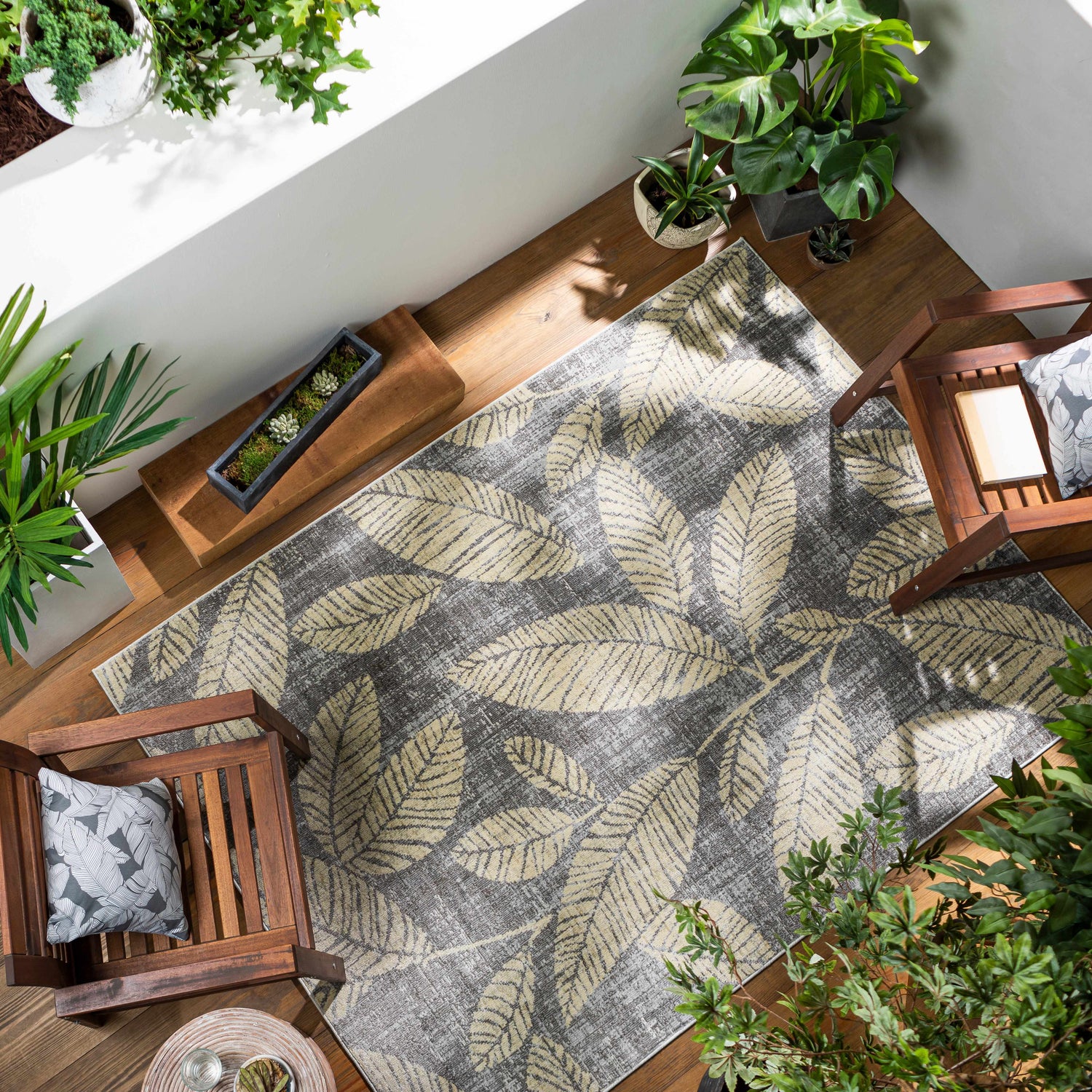 Sunlit patio with wood floor, chairs, and potted plants featuring the Snook Area Rug with beige leaf pattern. Roomscene-Rectangle