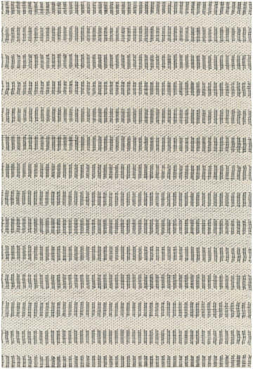 Close-up of the hand-woven Circe Wool Area Rug. Bone and dark gray geometric pattern with a subtle Scandinavian style. Design-Rectangle-576