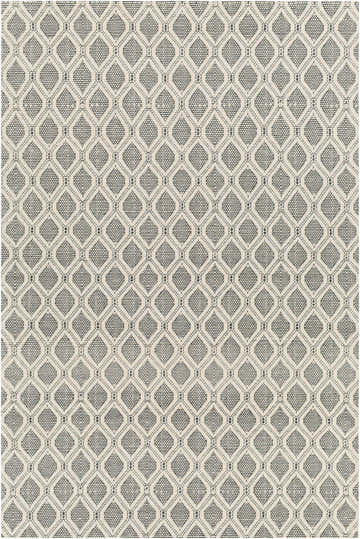 Close-up of the Edyta Area Rug featuring a geometric diamond pattern in bone and dark gray. Hand woven texture. Design-Rectangle-576