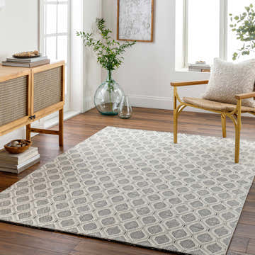 Living room scene with a geometric Edyta Area Rug in bone and gray, wood cabinet, and gold chair. Roomscene-Rectangle