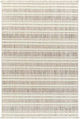 Close-up of the Avari Area Rug, a machine-woven rug with beige, bone, and brown horizontal stripes and a short fringe. Design-Rectangle-537