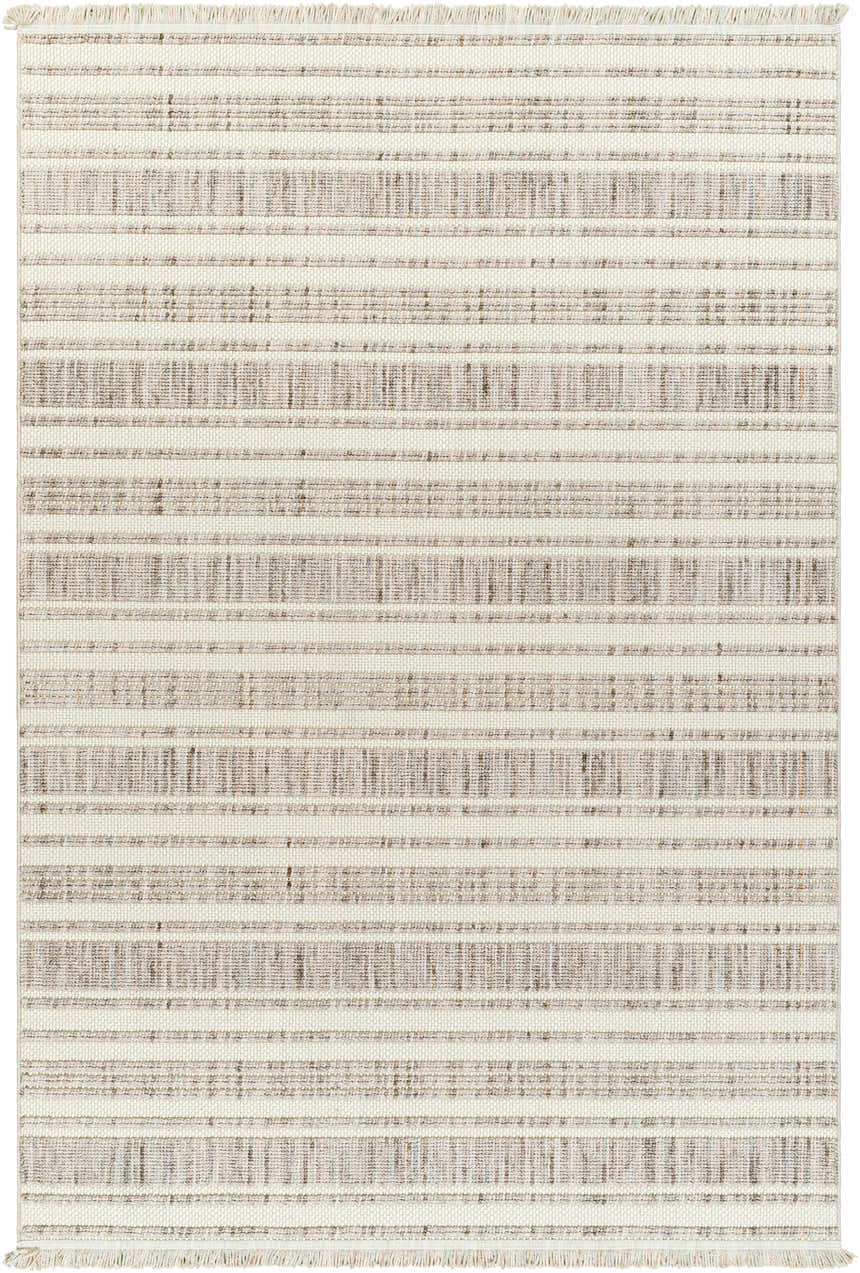 Close-up of the Avari Area Rug, a machine-woven rug with beige, bone, and brown horizontal stripes and a short fringe. Design-Rectangle-537