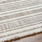 Close-up of the Avari Area Rug showing beige and gray horizontal stripes and textured fringe on a wood floor. Texture