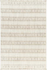 Close-up of Dagan Area Rug. Beige rug with horizontal stripes and diamond pattern. Farmhouse, Scandinavian style. Design-Rectangle-537