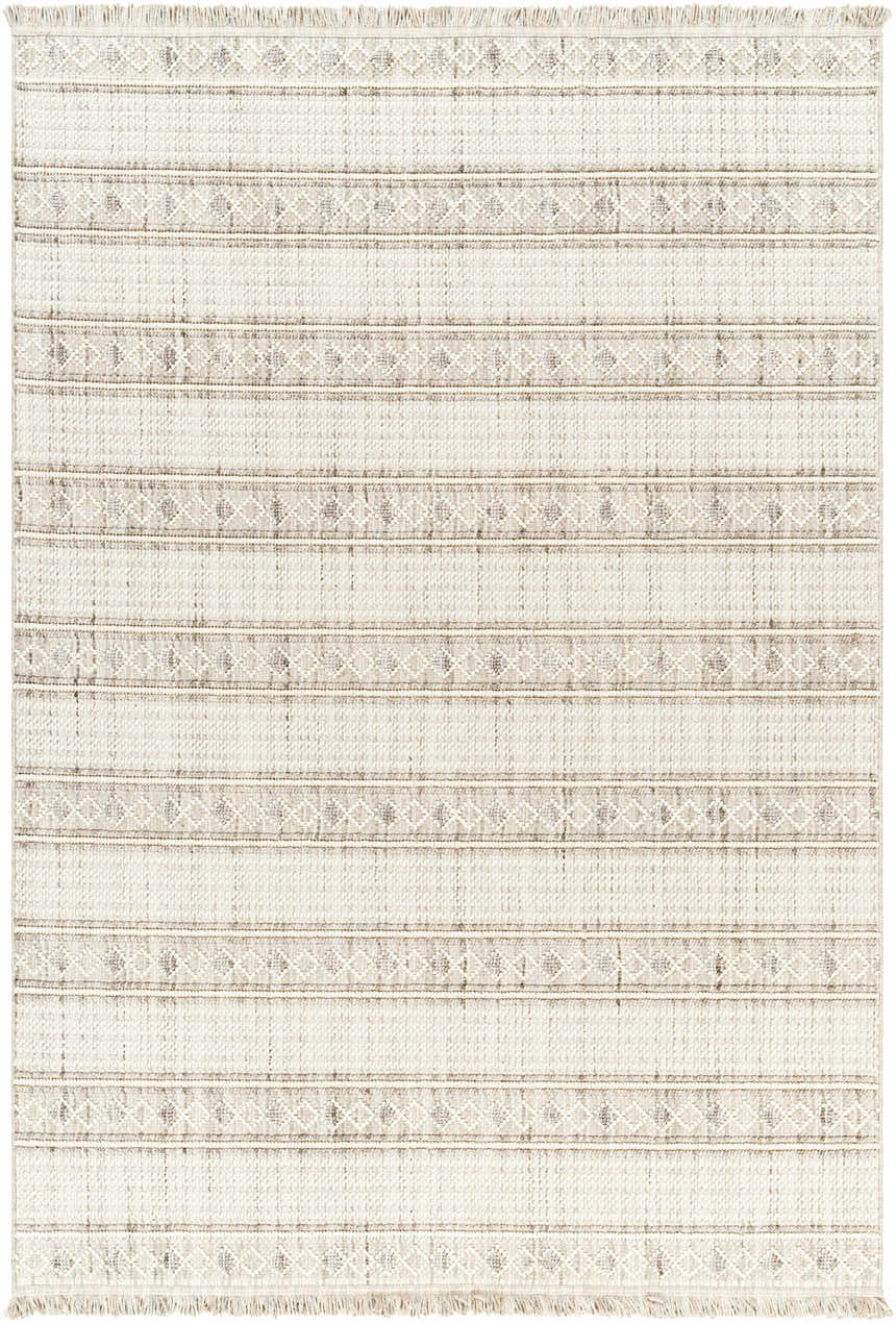 Close-up of Dagan Area Rug. Beige rug with horizontal stripes and diamond pattern. Farmhouse, Scandinavian style. Design-Rectangle-537