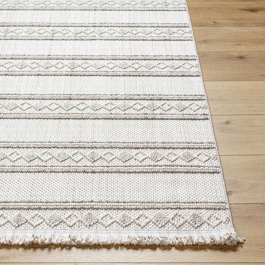 Close-up of Dagan Area Rug. Beige and driftwood tones with geometric pattern and fringe detail on a wood floor. Front