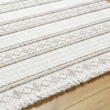 Close-up of the Dagan Area Rug showing beige, gray stripes, geometric patterns, fringe detail, and textured polyester weave. Texture