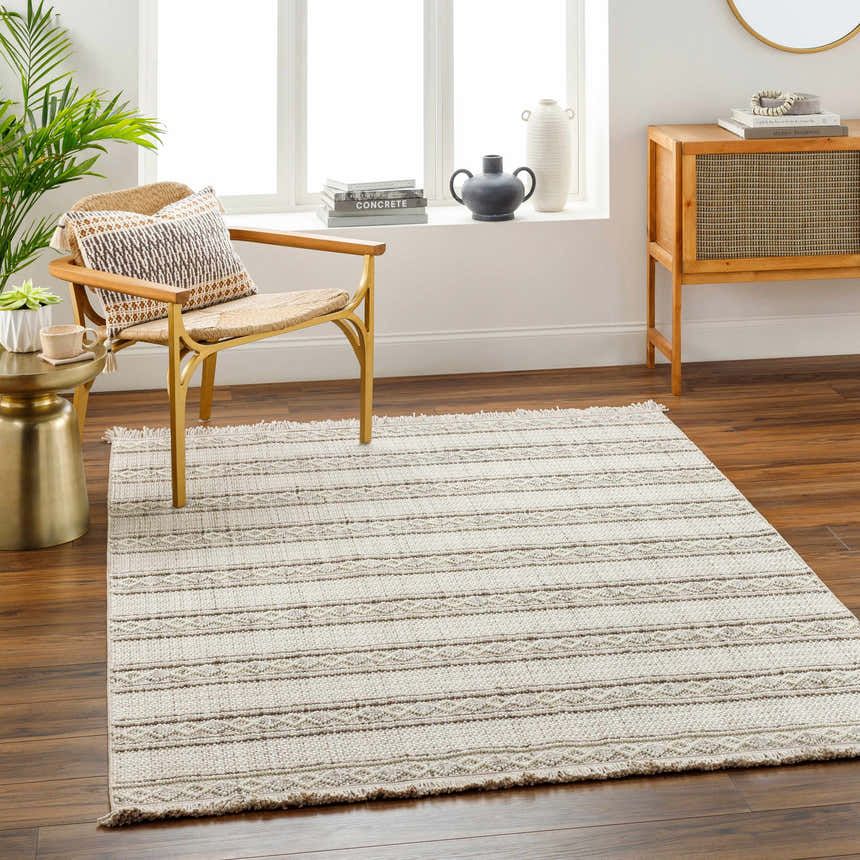 Living room scene with a beige Dagan Area Rug, wood floors, and a woven chair near a sunny window. Roomscene-Rectangle